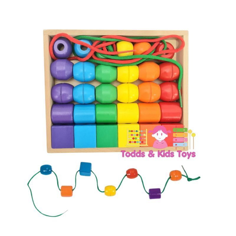 ของขวัญวันเกิด Todds & Kids Toys ของเล่นไม้เสริมพัฒนาการ ลูกปัดรูปทรง ลูกปัดทรงเรขาคณิต ร้อยเชือก (2y+) เสริมทักษะ