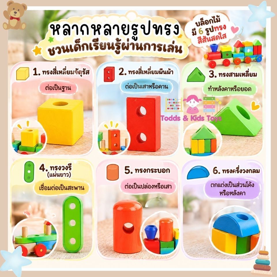 Todds & Kids Toys by JKP Toys บล็อครถไฟไม้ลากได้พร้อมบล็อกไม้เสริมพัฒนาการ ของเล่นไม้ Montessori ฝึกกล้ามเนื้อมือ