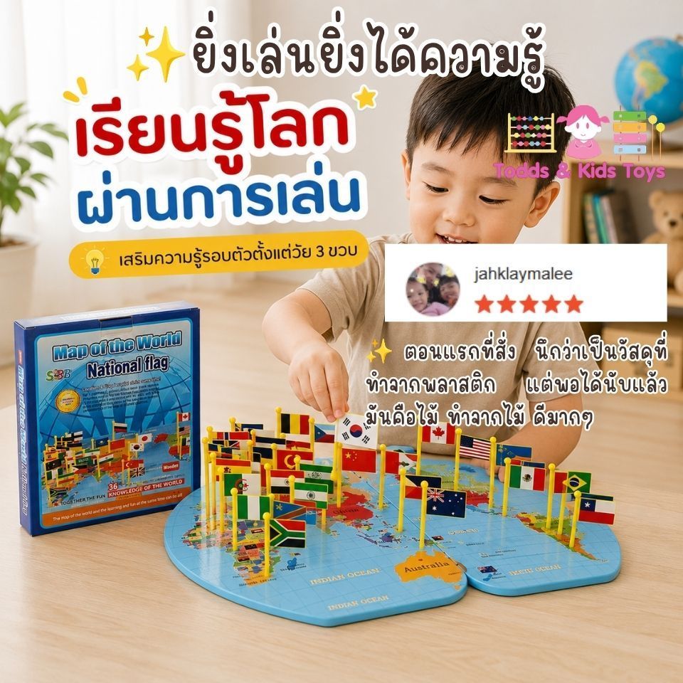 ส่งจาก ไทย แผนที่โลก ปักธงชาติ ธงชาติประเทศต่างๆ Map of The World and Nation Flag  แผนที่โลกภาษา *อังกฤษล้วน